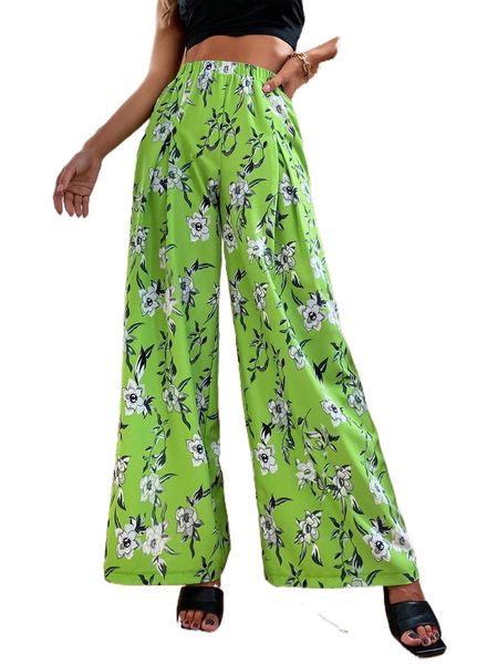 

allover floral print fold pleated wide leg pants j1u6#, Black;white