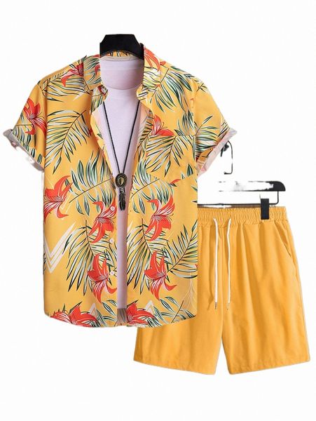 

men tropical print shirt & drawstring waist shorts without tee x4tm#, Gray