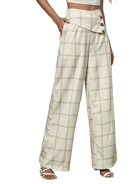 

plaid print button wide leg pants r22z#, Black;white