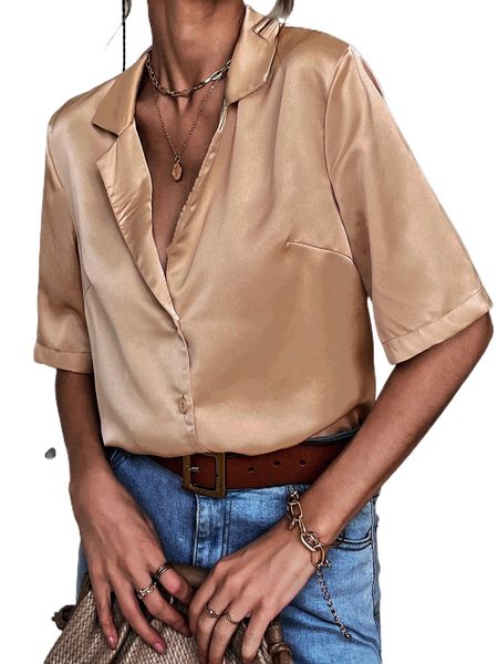 

lapel neck satin blouse z2ys#, White