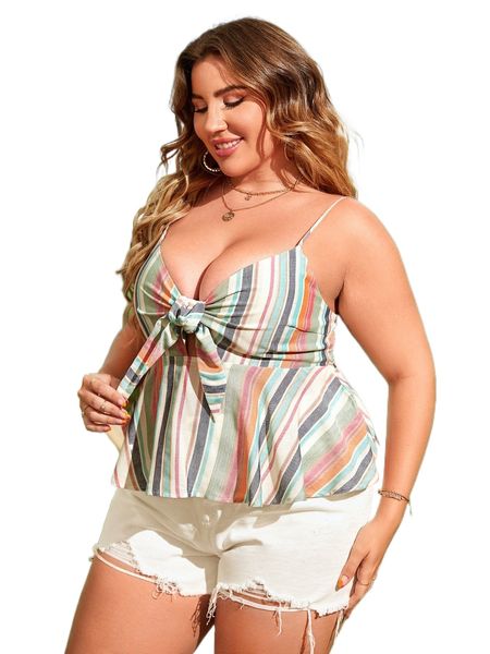 

plus colorful striped tie front shirred back peplum cami k8jr#, Black