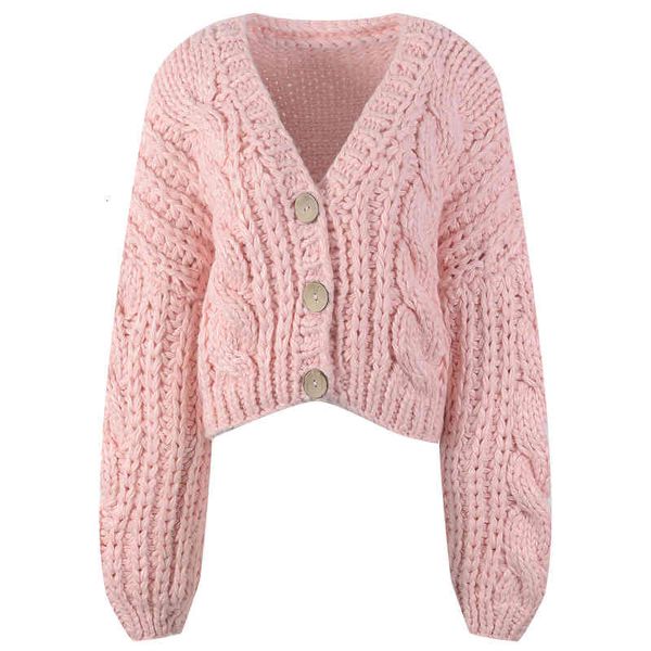 

women's knits tees autumn and winter single breasted v-neck coarse wool fried dough twist sweater cardigan pink loose thickened women&#, White