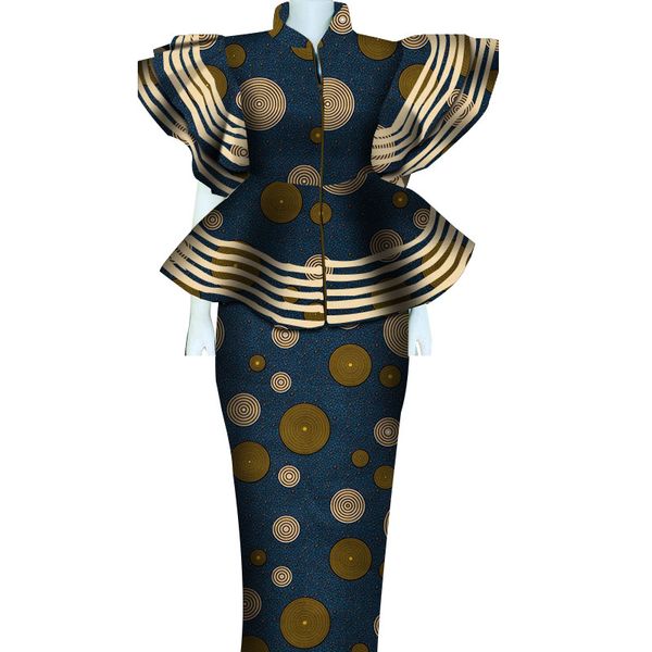 Bintarealwax Женщины Две кусочки Платье Африканская Одежда Дашики Базин Ричень Юбка набор Распечатать Пэчворк Настройка настроек Настроен на молнии WY4864