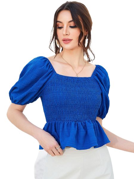 

puff sleeve shirred ruffle hem blouse 236c#, White
