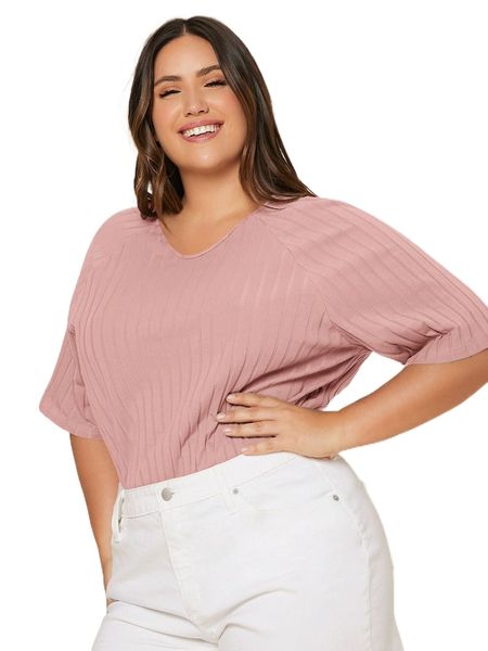 

plus raglan sleeve rib-knit solid tee v5pn#, Black