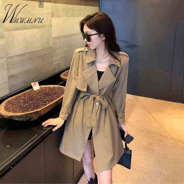 

women's trench coats khaki belt women's coat 2022 korean fashion mid length windbreaker lapel sashes elegant cardigan solid spring, Tan;black