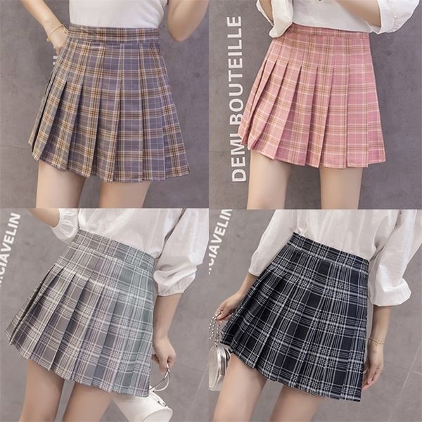 

good quality summer womens s high waist plaid aline pleated short cute sweet girls casual skirt kawaii 220618, Black