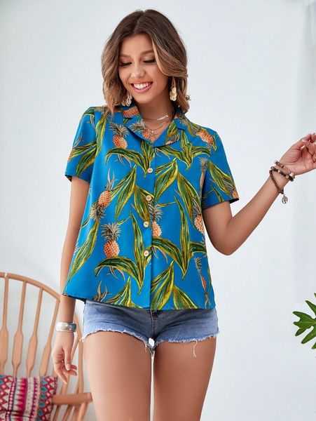 

tropical print lapel neck blouse e2tp#, White