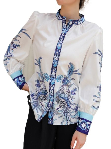 

peacock & floral print puff sleeve blouse q7f0#, White