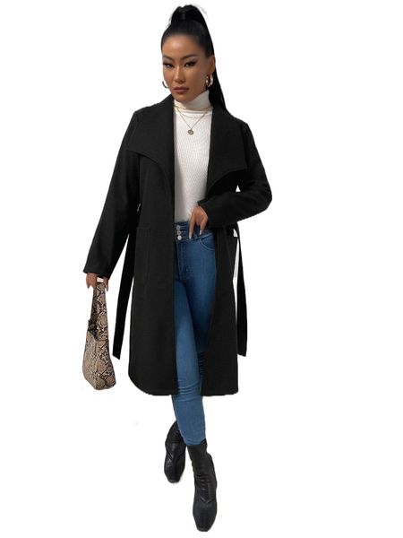 

sxy dual pocket waterfall collar belted overcoat 87of#, Black