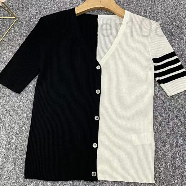 

women's sweaters designer tb wool knitted v-neck thin short sleeve color matching women's summer cardigan 22 four bar versatile is, White;black