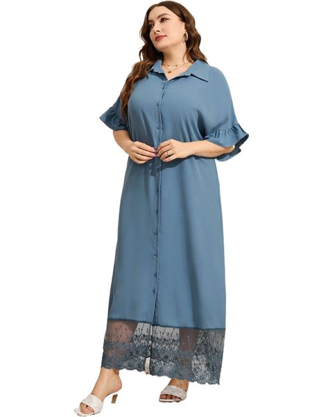 

plus flounce sleeve floral embroidery mesh hem shirt dress b3e5#, Black