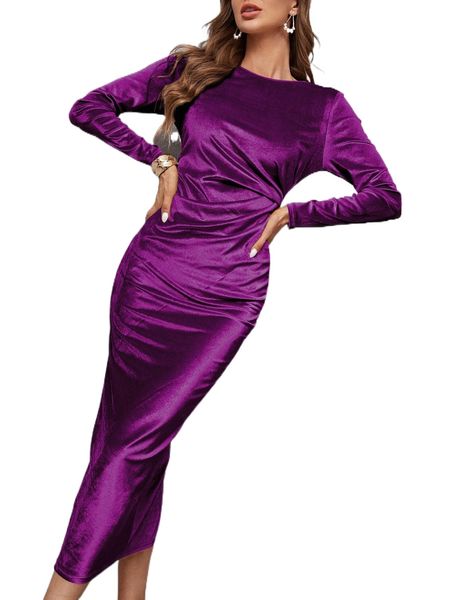 

solid ruched detail split velvet dress x4pi#, Black;gray