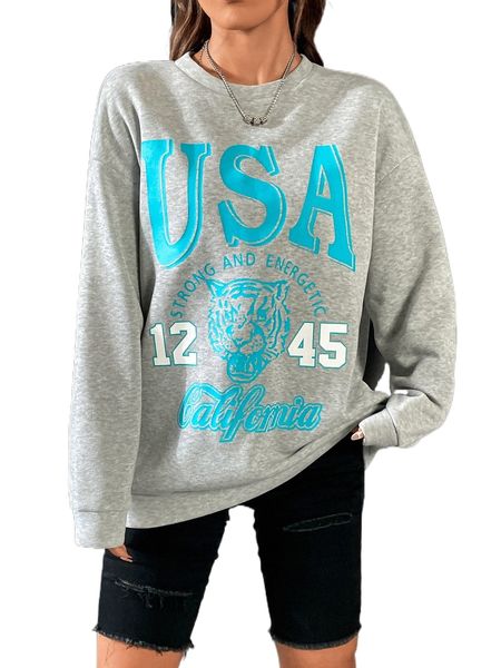 

letter & tiger print drop shoulder sweatshirt l6vd#, Black