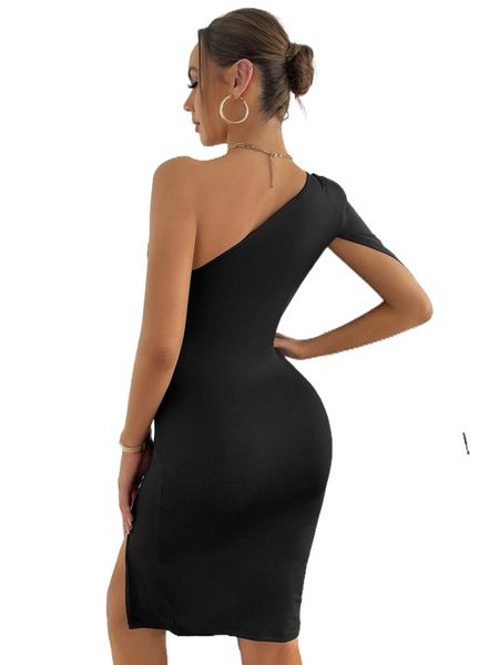

x belinda one shoulder cloak sleeve slit thigh bodycon dress without belt h8wu#, Black;gray