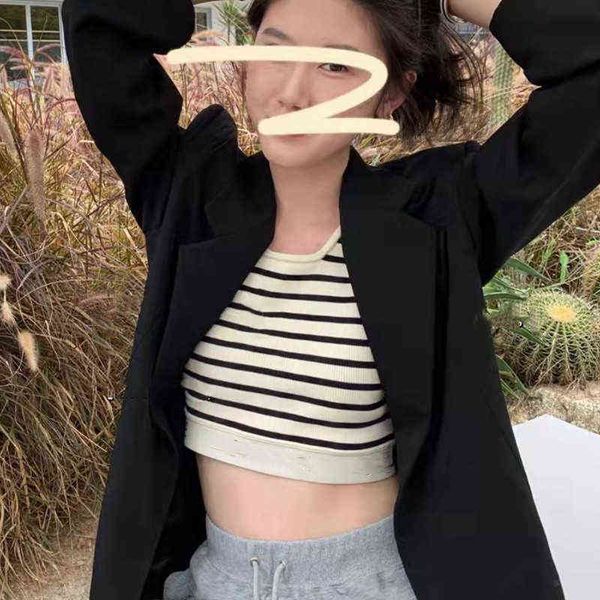 

women's t-shirt spring new knitted ribbon black and white stripe elastic slim fit suspender bottomed sports vest female 8365