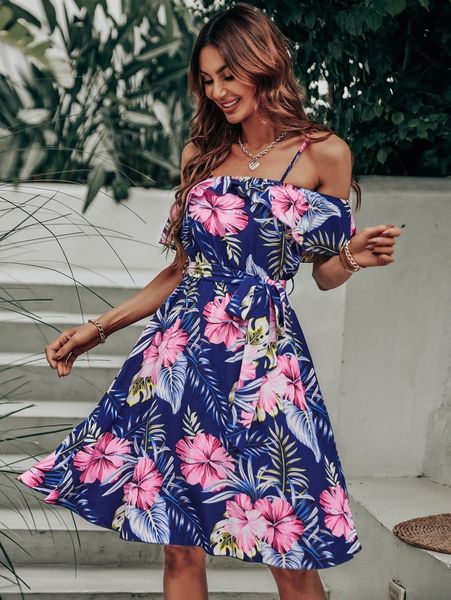 

tropical print cold shoulder belted dress v4fr#, Black;gray