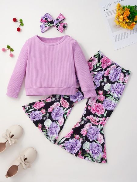 

girls solid sweatshirt & floral print flare leg pants with headband she, White
