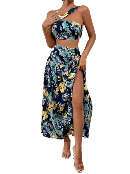 

tropical print one shoulder crop split thigh skirt n6cr#, White