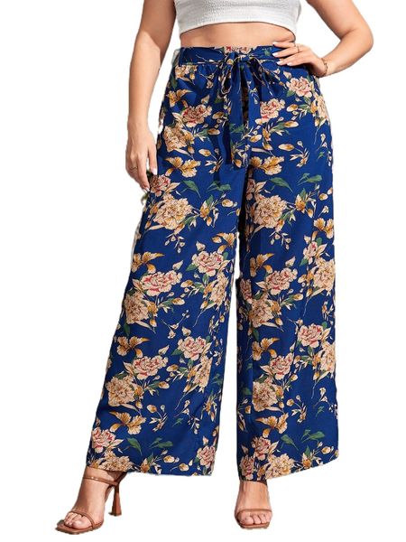 

plus allover floral print belted wide leg pants m6mp#, Black