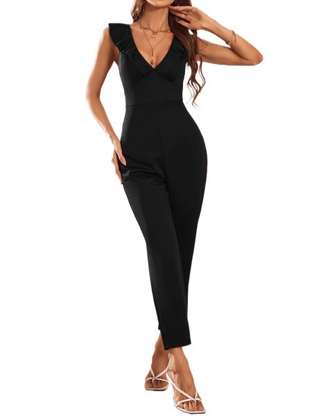 

solid ruffle trim jumpsuit 607e#, Black;white