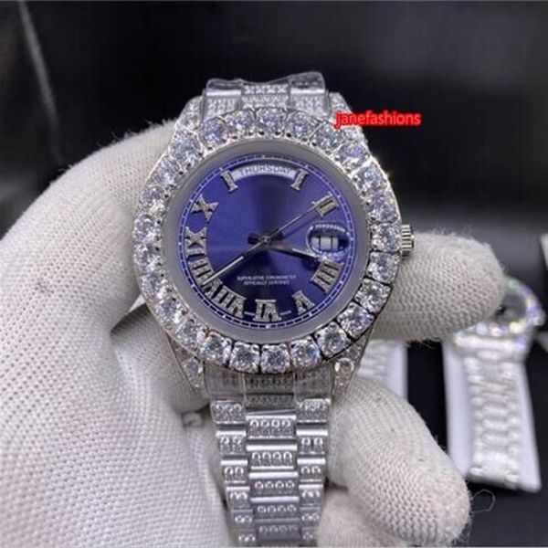

prong set diamond men's fashion watch blue face 43mm silver diamond stainless steel strap automatic watch156i, Slivery;brown