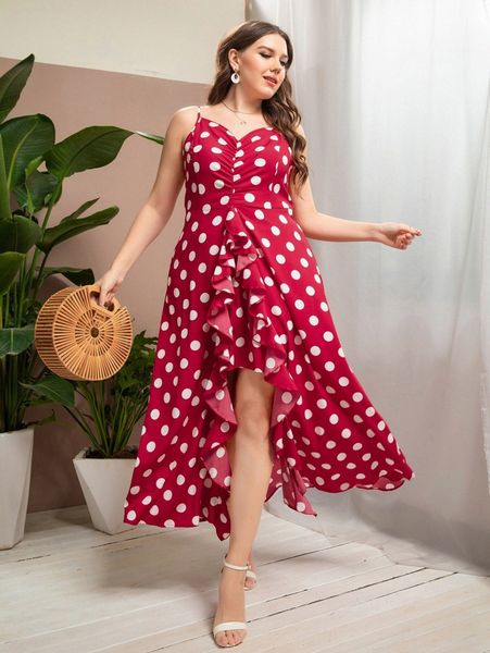 

plus polka dot ruched ruffle trim asymmetrical hem cami dress k0hh#, Black