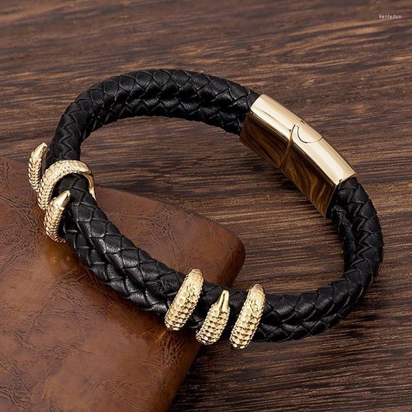 Bracelets de charme punk luxuoso aço inoxidável dragão dourado garra de couro de couro dupla camada trança homens genuínos homme pulserascharm kent22