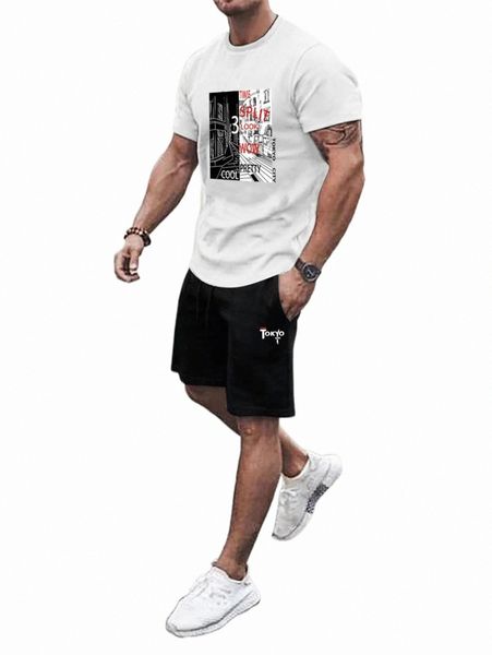 

men building & letter graphic tee & drawstring waist shorts k5tm#, Gray