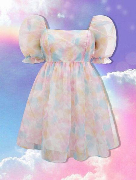 

plus tie dye puff sleeve organza dress b81j#, Black