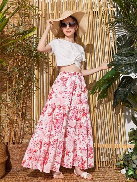 

teen girls twist crop tee & floral print ruffle hem skirt she, White
