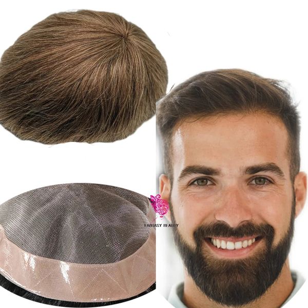 

brown color toupee men mono base pu around male hair prosthesis breathable men's wigs 130% density replacement system unit straight cap, Black