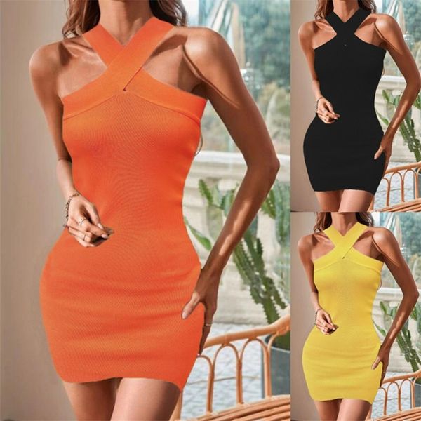 Sommer Elegante Frauen Casual Ärmel Schlank Kreuz Halter Kleid Einfarbig Sexy Club Party Off Schulter Pullover Bodycon 220629