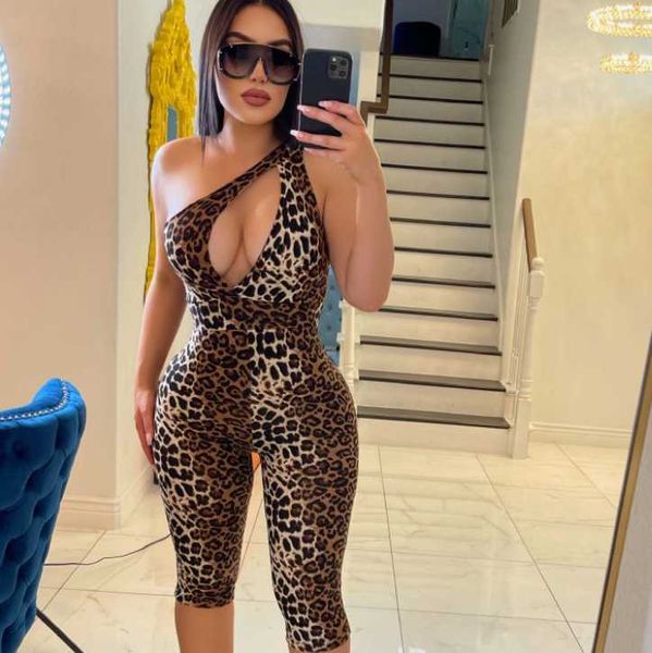 Corte de estilo de verão de um macacão de estampa de leopardo de um ombro para mulheres 2022 Roupas finas Bodycon