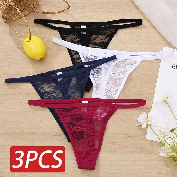 

3pcs set lace women panties floral underwear thongs g-string low-waist female underpants perspective lingerie, Black;pink