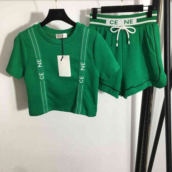 

ce womens two piece pants designer juicy tracksuit letter ribbon panel t-shirt drawstring elastic waist casual shorts suit luxury casual wom, White