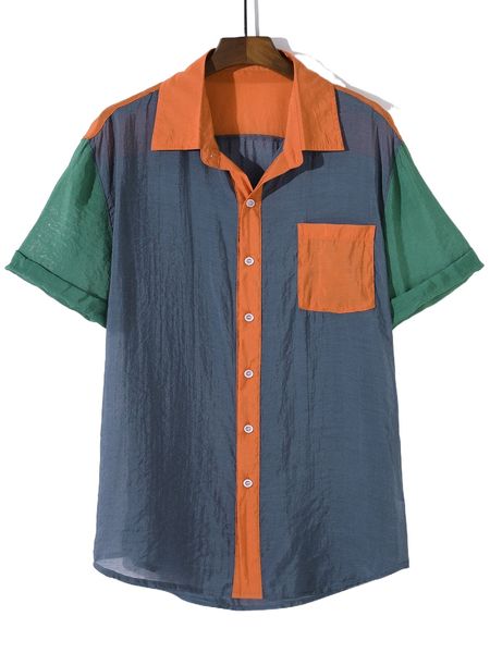 

men color block textured patched pocket shirt 77gg#, White;black