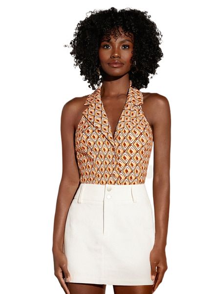 

allover geo print backless lapel collar b87q#, White