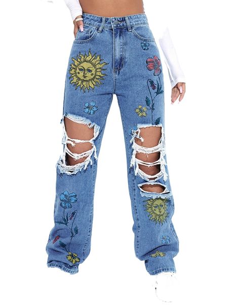 

high waist sun & floral print ripped straight leg jeans m7jn#, Blue