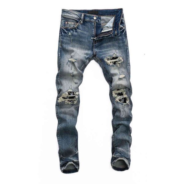 

men's jeans spring and summer high street fashion br worn torn jeans men's patch elastic slim leggings long pants rbab, Blue