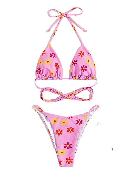 

floral print lace up triangle bikini swimsuit g07q#, White;black