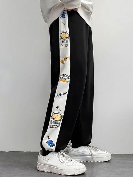

men cartoon graphic contrast side seam sweatpants p1k4#, Black