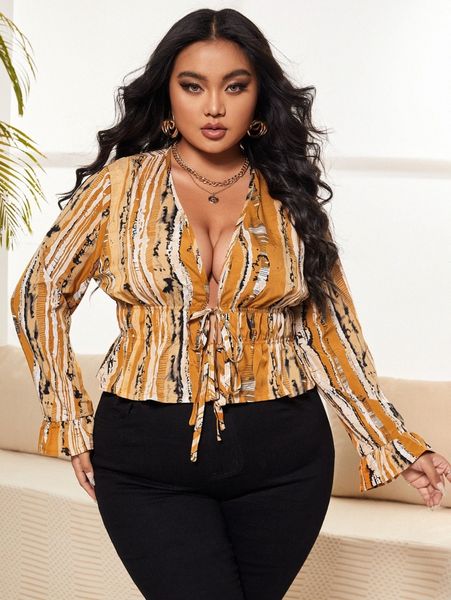 

sxy plus allover print flounce sleeve knot front peplum blouse z0nd#, Black