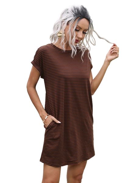 

striped print pocket detail tee dress k5lp#, Black;gray
