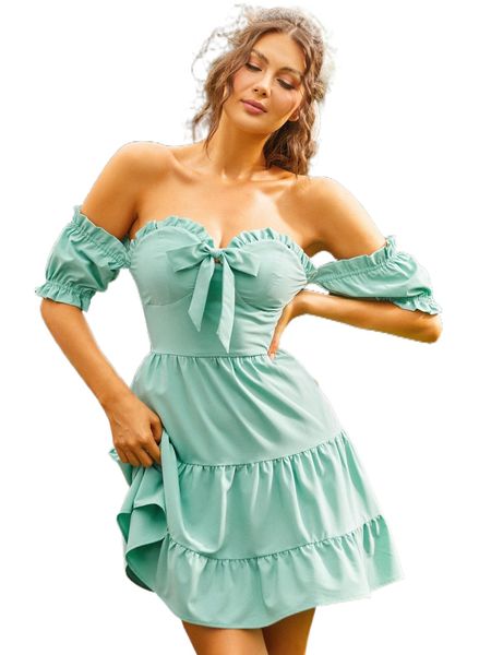 

sbetro off shoulder knot front ruffle hem bustier dress u6gv#, Black;gray