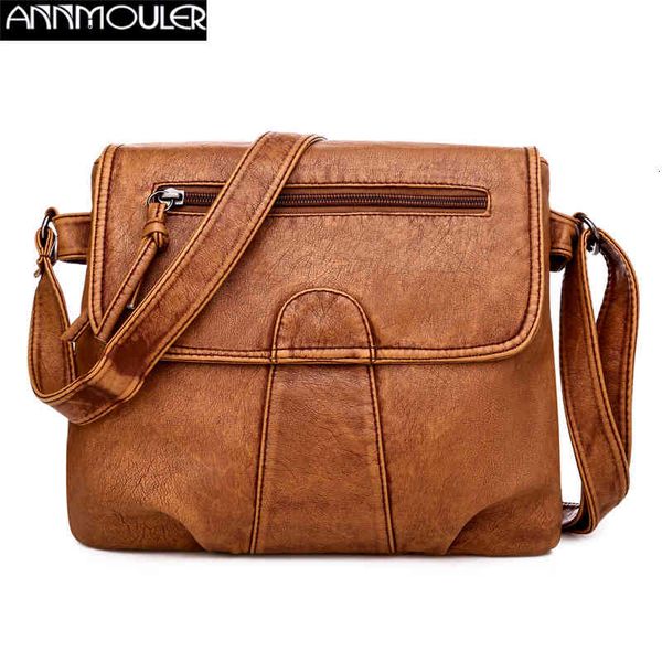 

annmouler luxury women shoulder pu leather messenger brown pockets crossbody 2022 brand female soft tote bag