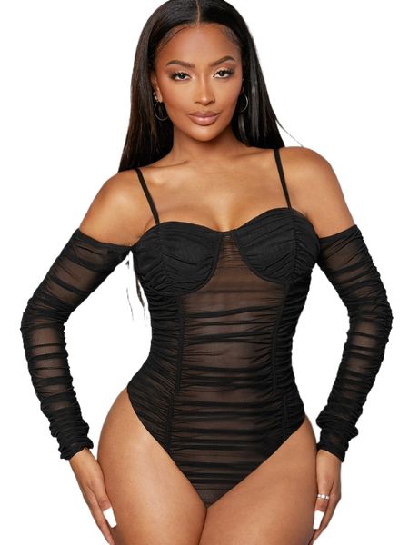 

cold shoulder ruched sheer mesh bodysuit without panty h6hh#, White
