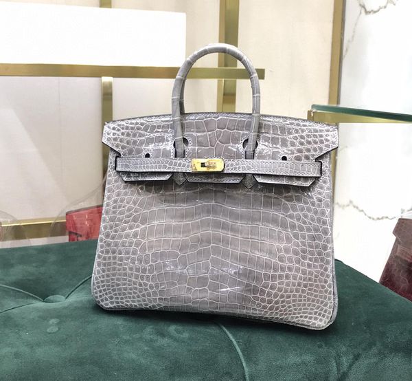 Marca de 25 cm de bolsa de crocodilo shinny crocodilo real bolsa de luxo de luxo totalmente costura artesanal com linha de cera