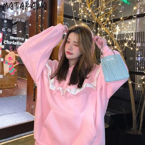 

japanese long sleeve hooded sweatshirt women spring korean loose hoodie wild sweet lovely ruffled coat 210506, Black