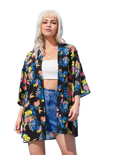 

x joanna szumska tropical print drop shoulder kimono v3m2#, White;black